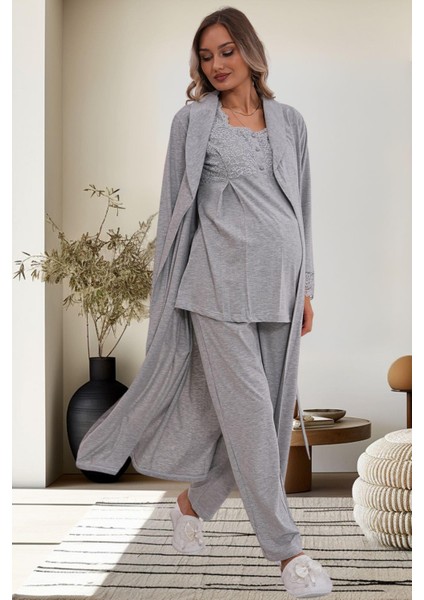 6170 Gri Hamile Lohusa Sabahlıklı Pijama Takımı