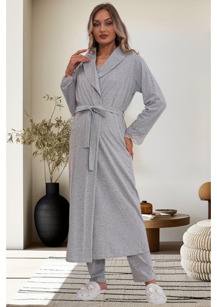 6170 Gri Hamile Lohusa Sabahlıklı Pijama Takımı