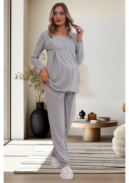 6170 Gri Hamile Lohusa Sabahlıklı Pijama Takımı