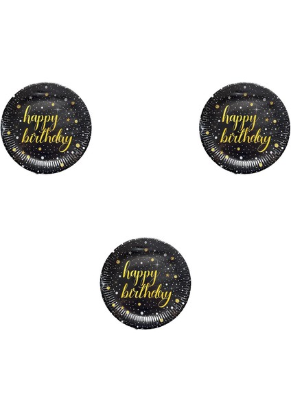 Doğum Günü Işıltılı Siyah Happy Bithday Yazılı Karton Tabak - 22 cm . - 8 Adetlik 3 Paket