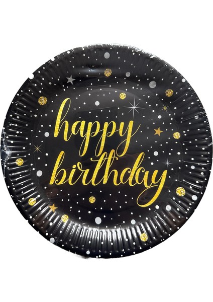 Doğum Günü Işıltılı Siyah Happy Bithday Yazılı Karton Tabak - 22 cm . - 8 Adetlik 3 Paket