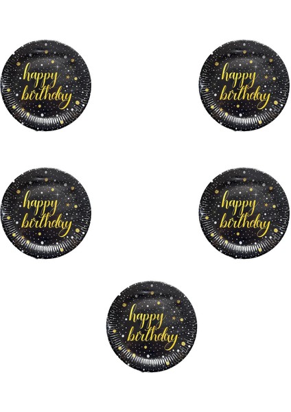 Doğum Günü Işıltılı Siyah Happy Bithday Yazılı Karton Tabak - 22 cm . - 8 Adetlik 5 Paket