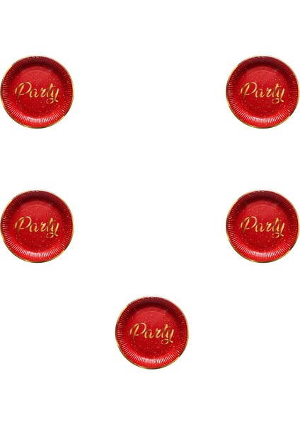 Parti Doğum Günü Işıltılı Kırmızı Party Yazılı Karton Tabak - 22 cm . - 8 Adetlik 5 Paket