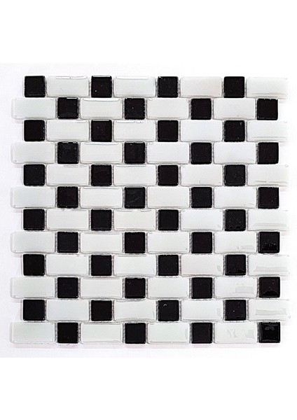 Mutfak Tezgah Arası, Havuz, Banyo, Sauna, Spa, ve Yaşam Alanlarının Tüm Yüzeyleri İçin. 25X50MM. Beyaz-Siyah, 31.5X31.5 Cm. Fileli Cam Mozaik. ( 10 File Karo = 1 M2 Fiyatıdır )