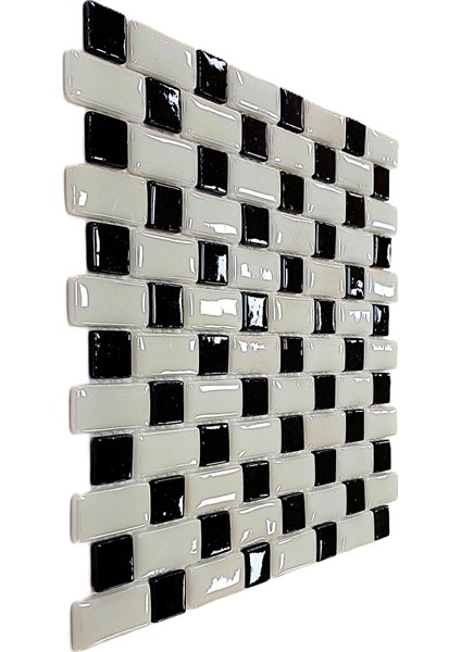 Mutfak Tezgah Arası, Havuz, Banyo, Sauna, Spa, ve Yaşam Alanlarının Tüm Yüzeyleri İçin. 25X50MM. Beyaz-Siyah, 31.5X31.5 Cm. Fileli Cam Mozaik. ( 10 File Karo = 1 M2 Fiyatıdır )