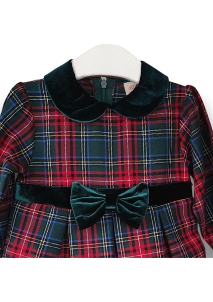 – Ekoseli, Kadife Yaka ve Kemer Detaylı Kız Bebek Elbise - Yeşil (9-24AY) fiyatları