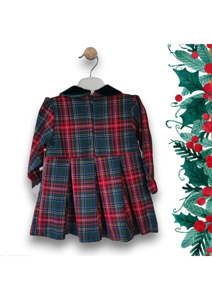 – Ekoseli, Kadife Yaka ve Kemer Detaylı Kız Bebek Elbise - Yeşil (9-24AY) modelleri