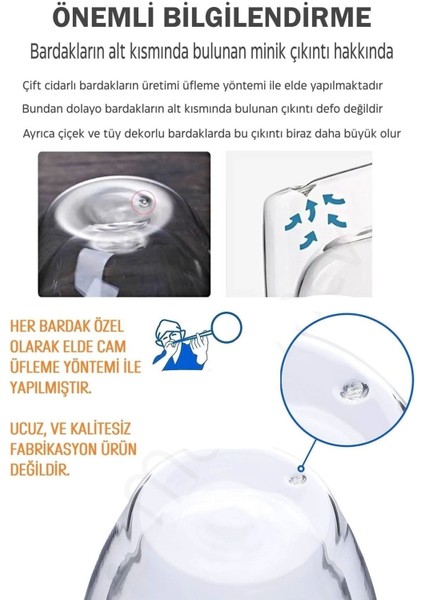 2 Adet Çift Cidarlı Çiçekli Cam Bardak Soğuk - Sıcak Kahve Bardağı El Yapımı Kulplu 350ML