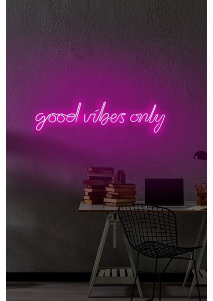 Neon LED Işıklı Good Vibes Only Yazısı Gece Lambası ve Dekoratif Aksesuar 64 x 18 cm