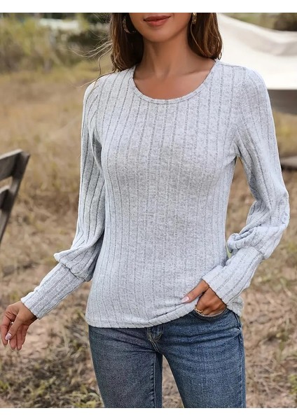 Şık Kadın Kabartmalı Yuvarlak Yaka, Uzun Kollu, Esnek Polyester Karışımı