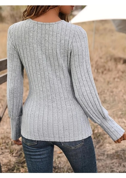 Şık Kadın Kabartmalı Yuvarlak Yaka, Uzun Kollu, Esnek Polyester Karışımı