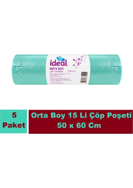 Ideal Cop Torbası Orta Boy Yeşil 15 Li 50X60 cm x 5 Paket