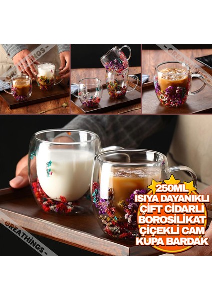 Isıya Dayanıklı 250 ml Çift Cidarlı Flower Çiçekli Bardak | Borosilikat Çiçekli Kahve Sunum Bardağı