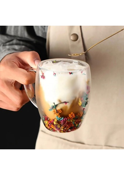 Isıya Dayanıklı 250 ml Çift Cidarlı Flower Çiçekli Bardak | Borosilikat Çiçekli Kahve Sunum Bardağı