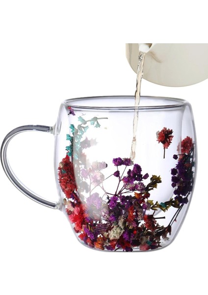 Isıya Dayanıklı 250 ml Çift Cidarlı Flower Çiçekli Bardak | Borosilikat Çiçekli Kahve Sunum Bardağı