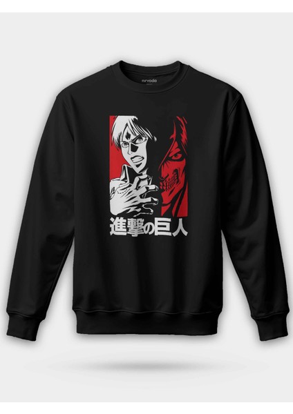 Eren Attack On Titan Kırmızı Siyah Unisex Regular Sweatshirt