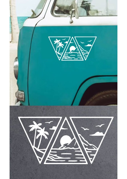 Sahil Palmiye Dağ Güneş Manzara Sticker 02152 Araba Oto Motosiklet Karavan Etiket 02152