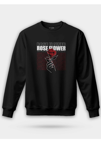 Rose Flower Kırmızı Gül Siyah Unisex Regular Sweatshirt