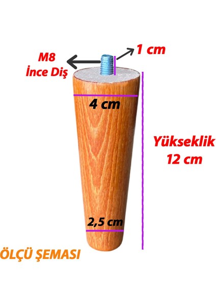 Ahşap Ayak 12 cm 2'li Set Açık Meşe M8 Civatalı Bağlantı Aparatlı Dolap Mobilya Koltuk Kanepe Destek Ayağı Ayakları