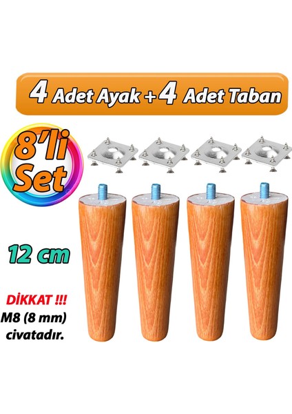 Ahşap Ayak 12 cm 8'li Set Açık Meşe M8 Civatalı Bağlantı Aparatlı Dolap Mobilya Koltuk Kanepe Destek Ayağı Ayakları