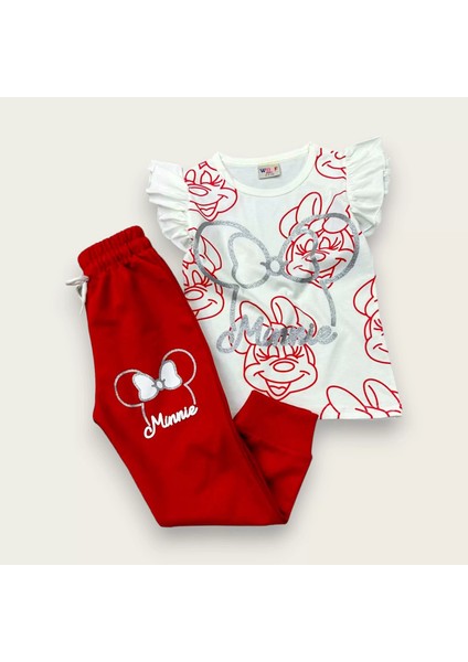 Minnie Mouse Kolu Fırfırlı Yaldızlı Kız Çocuk Takım