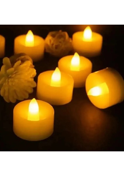 Ledli Mum Tealight Işıklı Dumansız Alevli Sarı LED Mum Pilli 6 Adet Pil Dahil