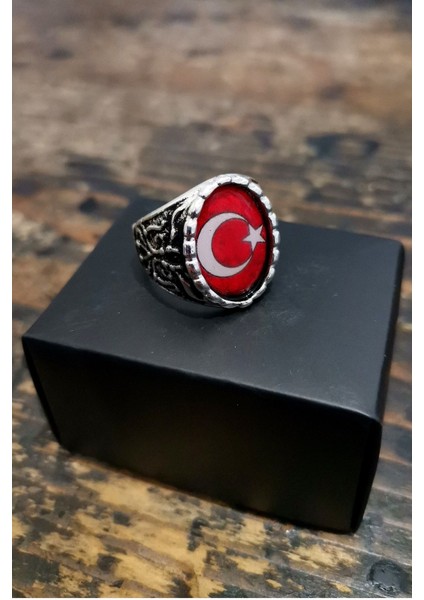 Gümüş Kaplama Türk Bayraklı Erkek Yüzük