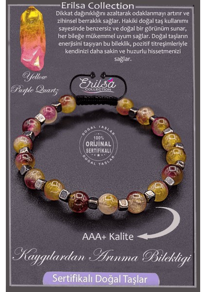 Sertifikalı AAA+ Kalite Gerçek Terahertz - Sarı - Mor Kuvars Taşı Bileklik