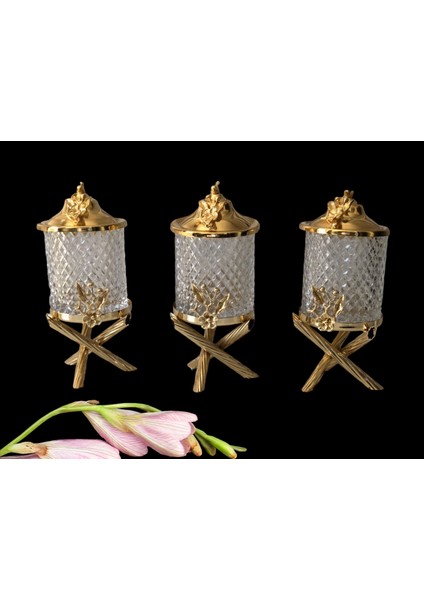 Çiçekli 3 Lü Mini Kristal Kavanoz Set