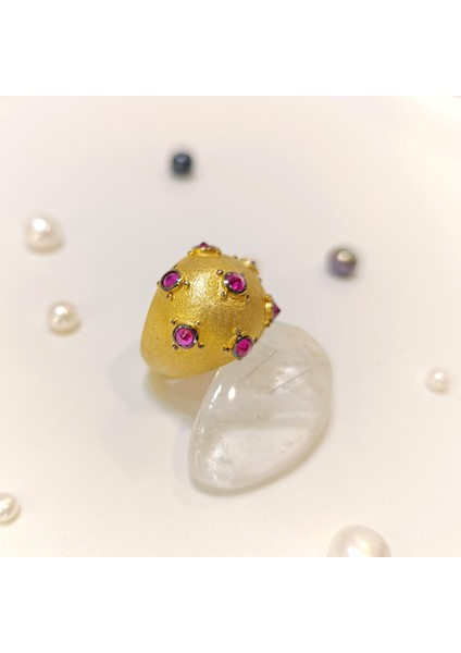 Kırmızı Taşlı Kubbe Antik Yüzük 14 Ayar Altın