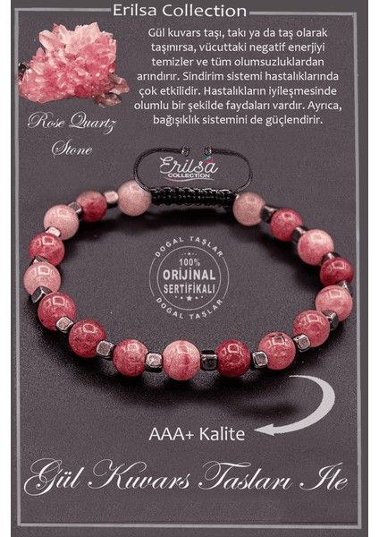 Sertifikalı Kaliteli Gerçek Terahertz - Gül Kuvars Taşı Bileklik (Rose Quartz)