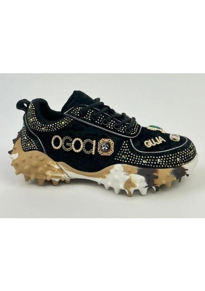 24K351-3 Kadın Taban Kadife Üzeri Taşlı Fashion Spor Ayakkabı