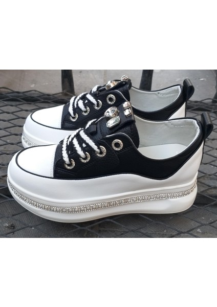 24K308-1 Kadın Hakiki Deri Yüksek Taban Taşlı Sneaker Spor Ayakkabı