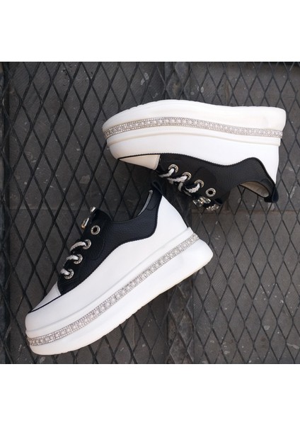 24K308-1 Kadın Hakiki Deri Yüksek Taban Taşlı Sneaker Spor Ayakkabı