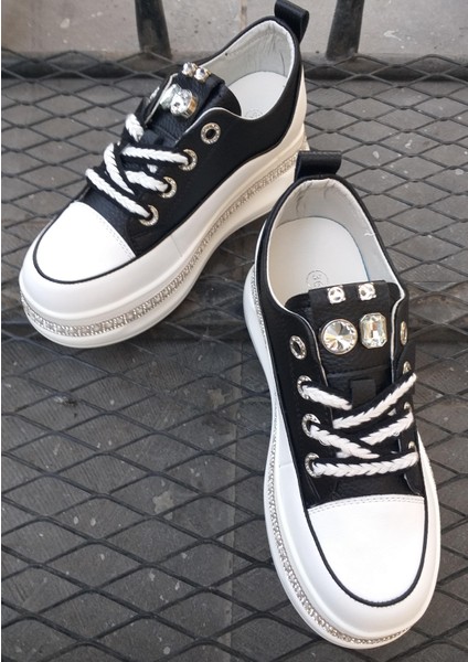24K308-1 Kadın Hakiki Deri Yüksek Taban Taşlı Sneaker Spor Ayakkabı