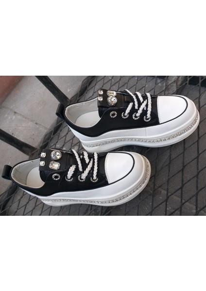 24K308-1 Kadın Hakiki Deri Yüksek Taban Taşlı Sneaker Spor Ayakkabı