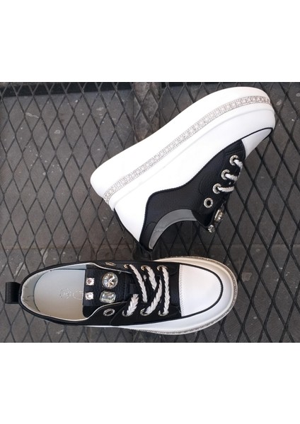24K308-1 Kadın Hakiki Deri Yüksek Taban Taşlı Sneaker Spor Ayakkabı