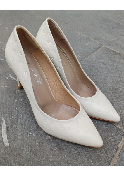 Nish N4292-02 Kadın Deri Monogram Desenli Stiletto Klasik Topuklu Ayakkabı