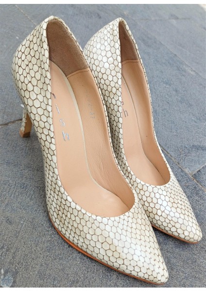 N4292-3 Kadın Yılan Baskılı Hakiki Deri Stiletto Klasik Ayakkabı
