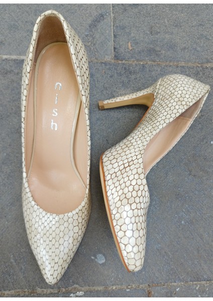 N4292-3 Kadın Yılan Baskılı Hakiki Deri Stiletto Klasik Ayakkabı
