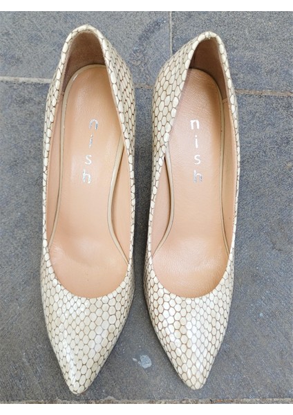 N4292-3 Kadın Yılan Baskılı Hakiki Deri Stiletto Klasik Ayakkabı
