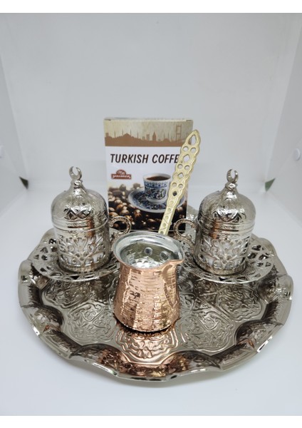 Yuvarlak Tepsi ve Bakır Cezveli Kahve Seti (Gümüş)