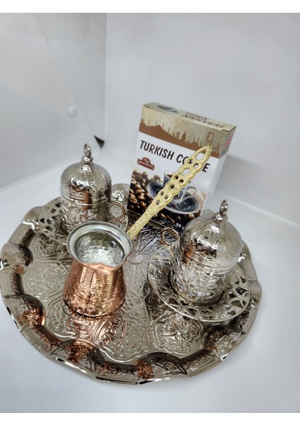 Yuvarlak Tepsi ve Bakır Cezveli Kahve Seti (Gümüş)