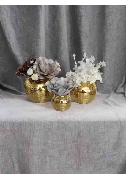 Işıltı Home Design Yuvarlak Aynalı Cam Vazo Gold 3lu Set modelleri