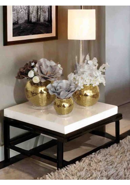 Işıltı Home Design Yuvarlak Aynalı Cam Vazo Gold 3lu Set