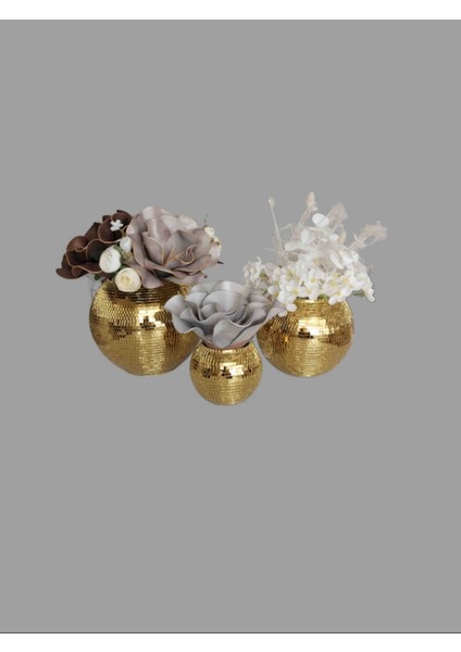 Işıltı Home Design Yuvarlak Aynalı Cam Vazo Gold 3lu Set fırsatları