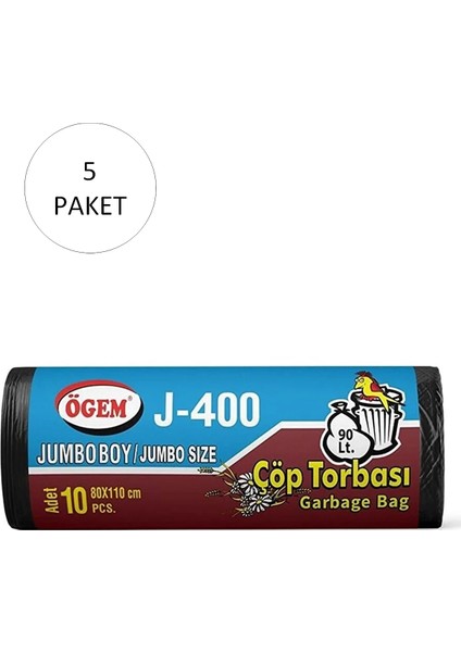 J-400 Jumbo Boy Çöp Torbası 80 x 110 cm 10'lu Rulo x 5 Paket = 50 Adet (Siyah)