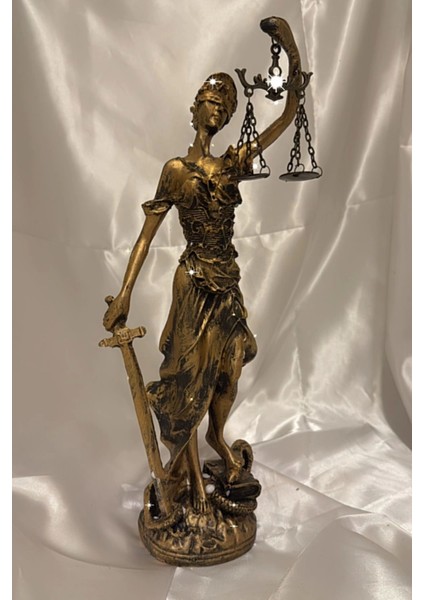 Avukat Adalet Kadın Heykeli Themis Terazi Dekoratif Hakim Kılıçlı Gold Siyahlı Eskitme 40 cm