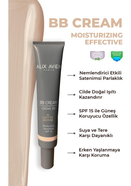 Kapatıcılık,Doğal Parlaklık Sağlayan SPF15 Faktör Nemlendiren BB Krem - BB Cream 20 Light To Medium