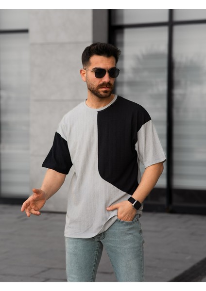 Tişört Erkek Parçalı Desen Regular Fit Bisiklet Yaka Bürümcük Tshirt Erkek T-Shirt